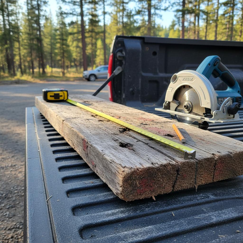 A close-up, photographic image of a rough slab of reclaimed barn wood resting on the tailgate of a pickup parked at a remote forest trailhead. The wood’s deep cracks, nail holes, and weathered gray surface are in sharp focus, with a bright yellow tape measure stretched across it, a carpenter’s pencil, and a compact cordless circular saw beside it. Early morning mountain light creates crisp highlights on the metal saw blade and picks up tiny wood fibers along the cut line, with soft shadows falling across the textured truck bed liner. Shot from a low, side-on angle with shallow depth of field, the background dissolves into a soft blur of pine trees, gravel lot, and a hint of another truck, creating a rugged, practical, on-the-road project mood.