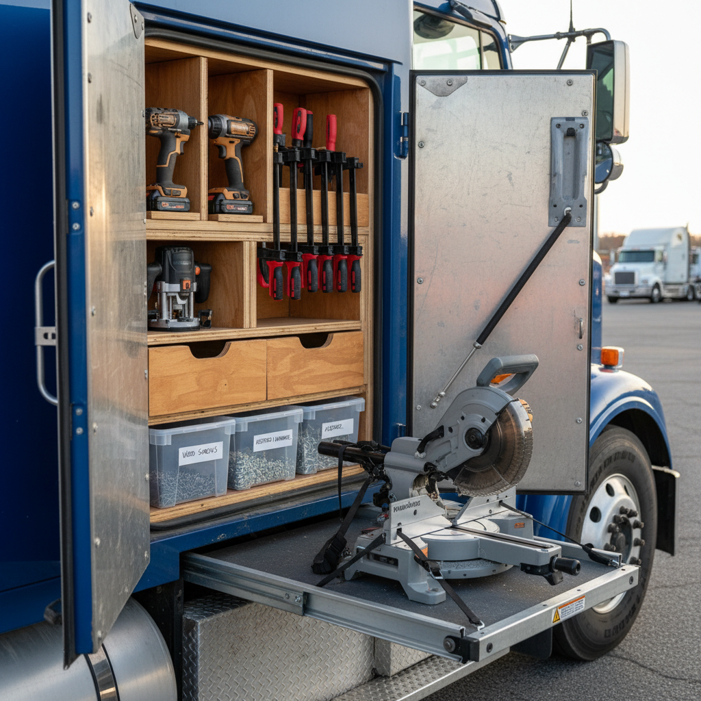 An organized, compact woodworking tool storage setup built into the side compartment of a long-haul truck, shown in realistic photographic detail. The open compartment door reveals custom-fitted plywood slots holding a cordless drill set, neatly stacked clamps, a small router, and labeled plastic bins filled with screws and hardware. A portable miter saw is strapped securely to a sliding platform. Late afternoon sunlight filters through from the opposite side of the truck, creating a gentle rim light on the metallic tool edges and a warm glow on the honey-colored plywood. Captured from a three-quarter perspective with sharp focus throughout, the composition emphasizes practical ingenuity and professional organization, with the blurred asphalt of the truck stop and distant trailers providing a subtle, authentic backdrop.