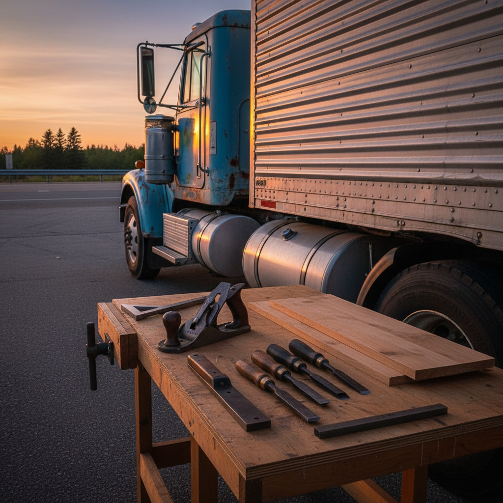 A weathered semi-truck parked at a quiet highway rest area, its polished aluminum fuel tanks reflecting the warm tones of sunset. Next to the truck, a sturdy portable workbench unfolds from the side of the trailer, covered with a neatly arranged set of woodworking hand tools: a well-used block plane, chisels with oiled wooden handles, a steel square, and a small stack of rough-cut maple boards. Soft golden hour light rakes across the grain of the wood and the worn paint of the truck, casting long, gentle shadows. Photographic realism, shot at eye level with a slight three-quarter angle, shallow depth of field keeping the tools crisp while the background of distant interstate and trees falls into a subtle blur, creating an authentic, road-life atmosphere.